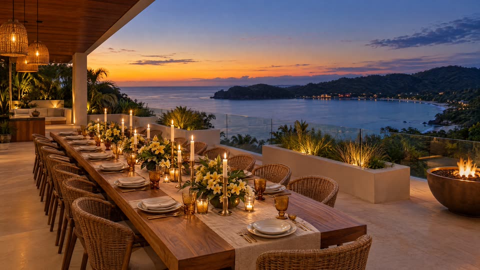 A long candlelit teak table with rattan chairs and yellow frangipani, set on an open terrace at blue hour above the bay.