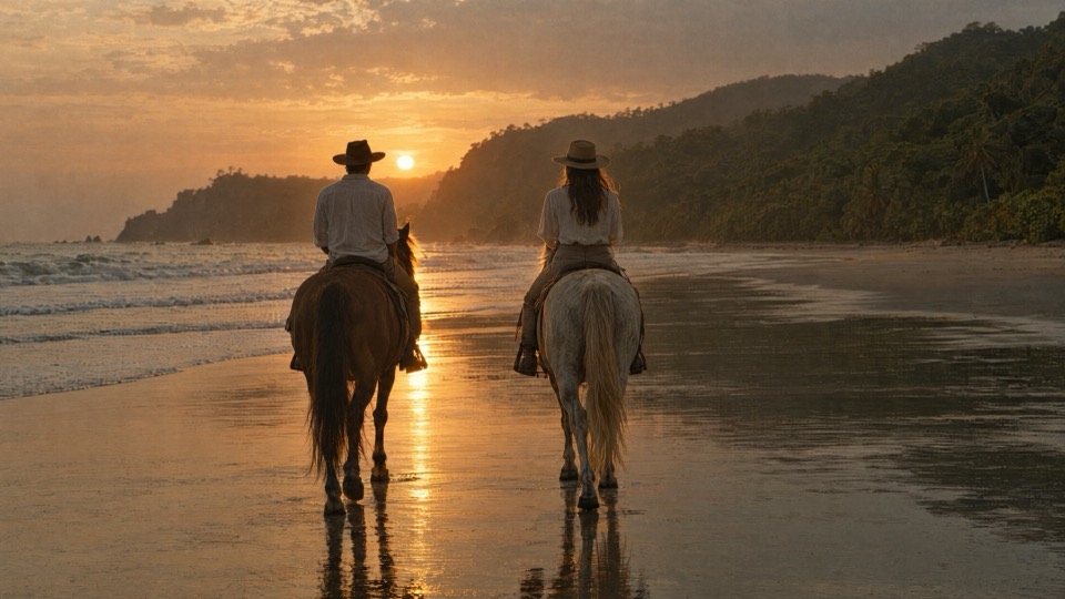 Two riders seen from behind walking their horses along a wide empty beach at sunset.